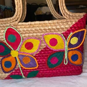 Handwoven Floral Embroidered Tote in Tan and Fuchsia from Mexico